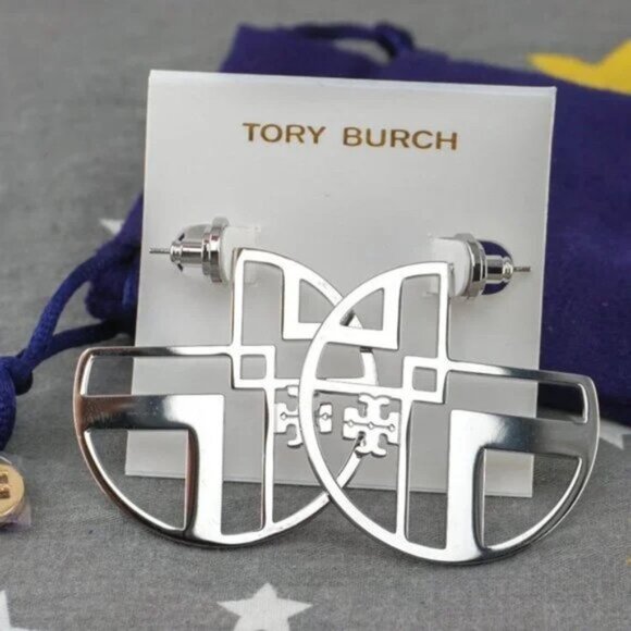 Tory Burch Jewelry - Tory Burch Chevron Hoop Statement Earrings in Silver